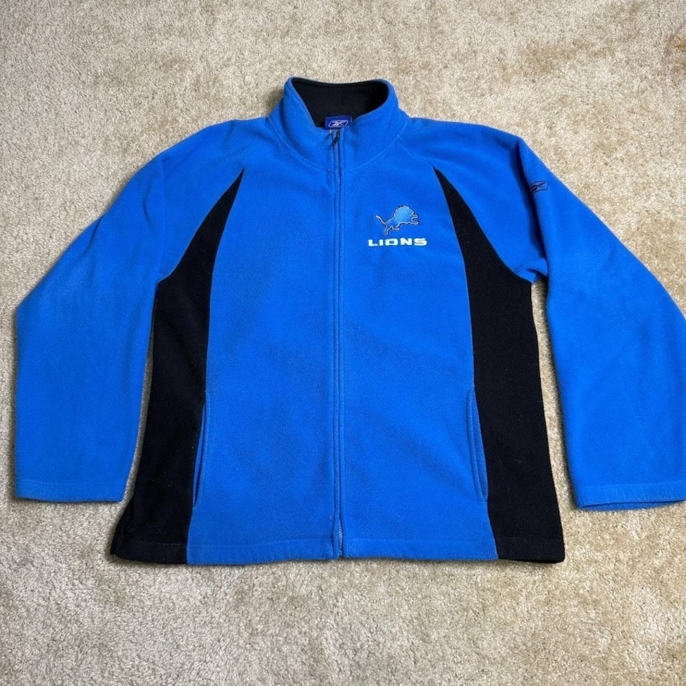 Vintage Detroit Lions Fleece Jacket Mens‎ Large Blue Full Zip NFL Reebok